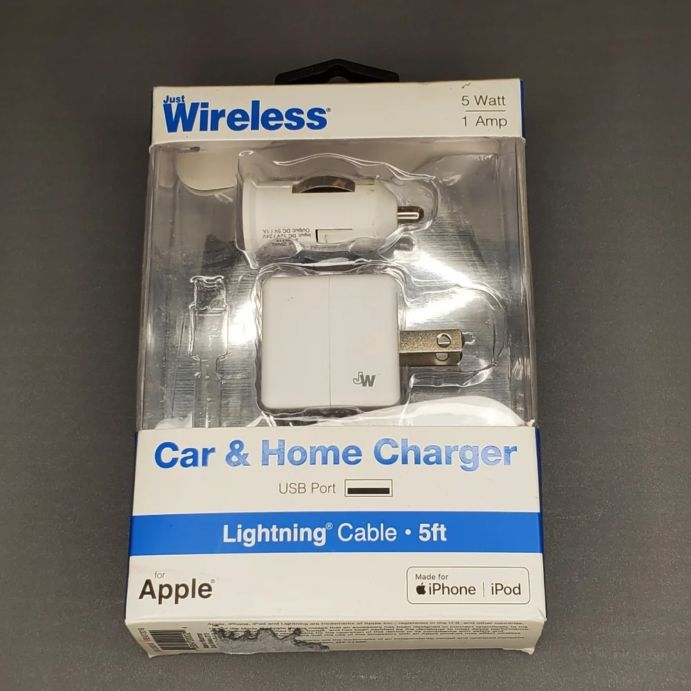 Just Wireless 5 Watt Car & Home Charger USB port Lighinting cable 5ft for Apple